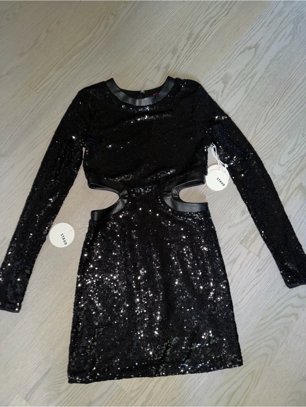 STAUD Black Sequin Cutout Mini Dress